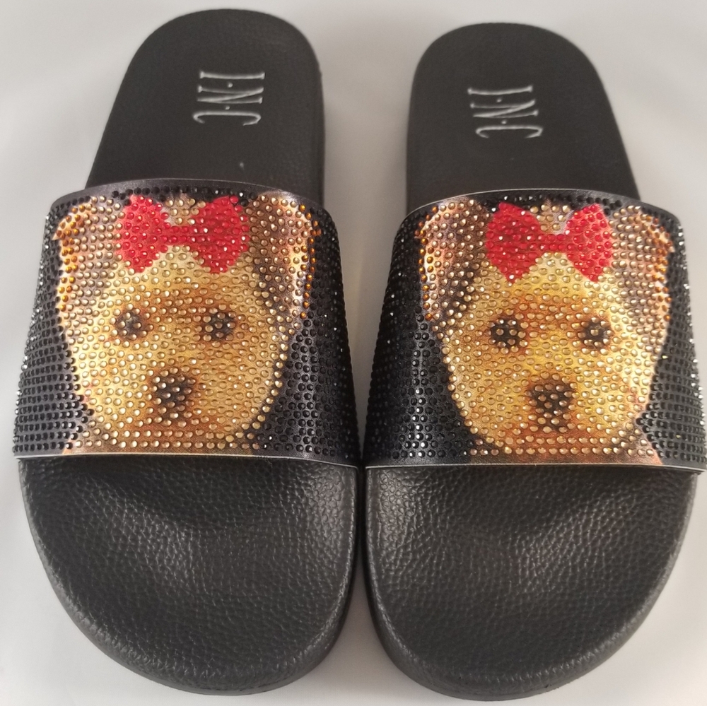 INC Yorkie bedazzled slides